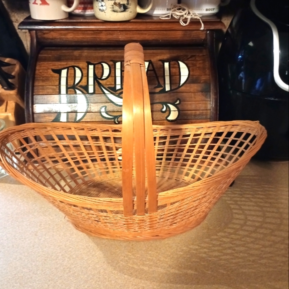 Vintage Wicker Woven Open Basket With Handle